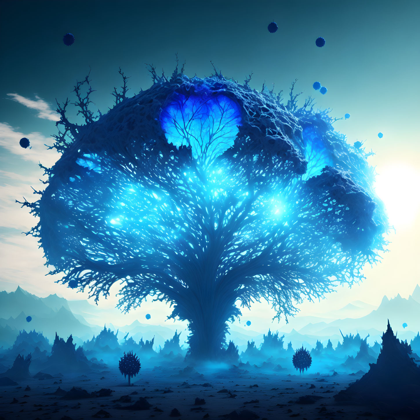 Mystical landscape with luminescent blue tree and floating orbs