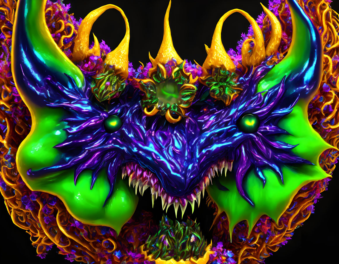 Dual-headed dragon digital art: vibrant neon colors, luminescent eyes, intricate details