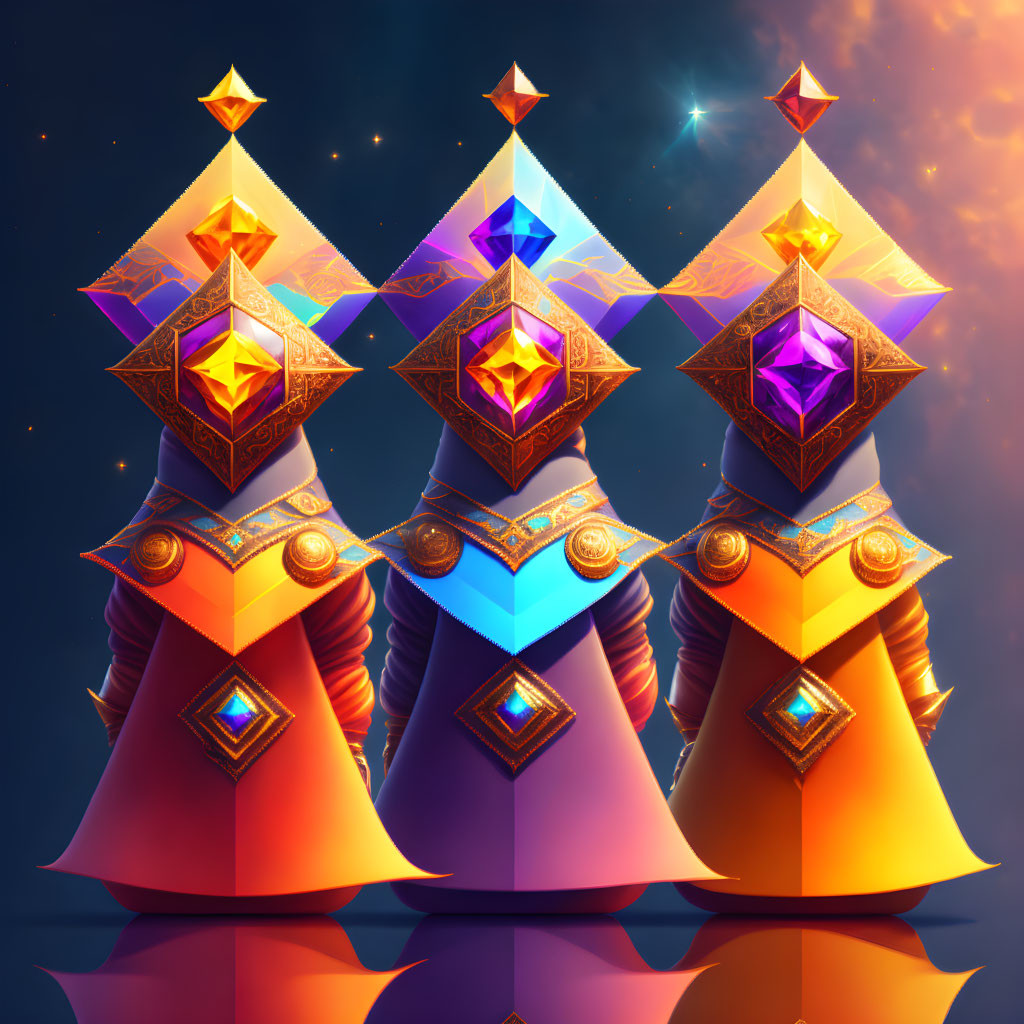 Ornate gemstone figures with geometric designs on vibrant gradient backdrop