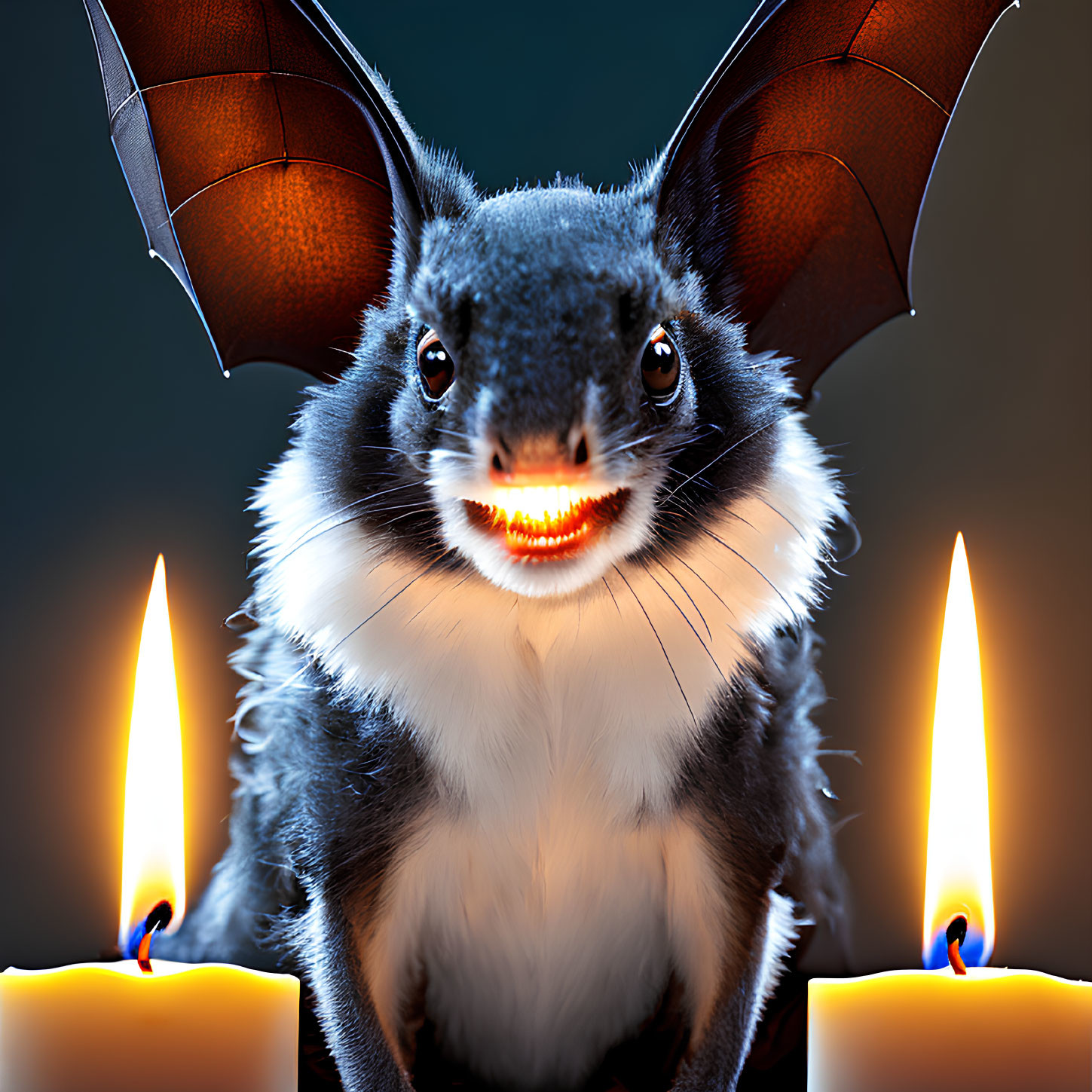 Whimsical digital artwork: Bat with human-like features and glowing candles