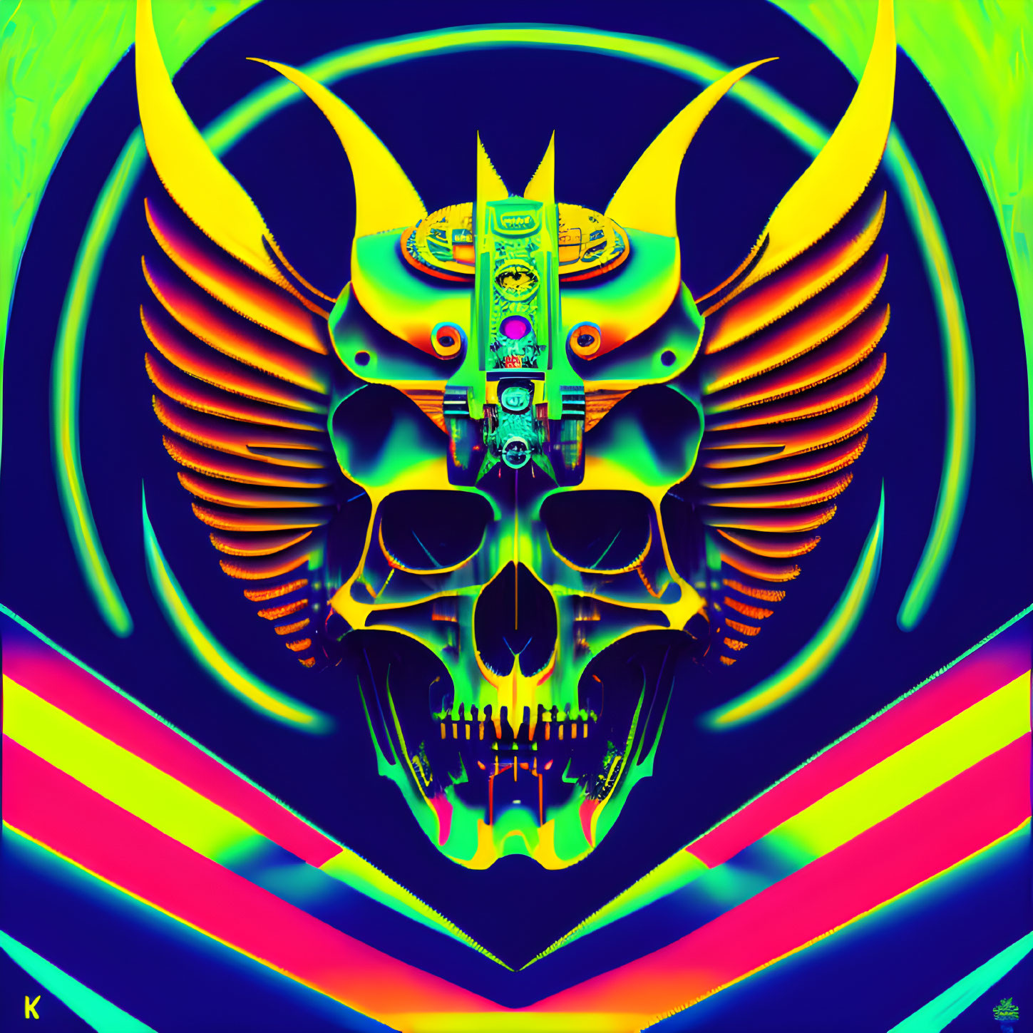 Colorful Thermal Skull with Horns and Abstract Wings on Dark Background