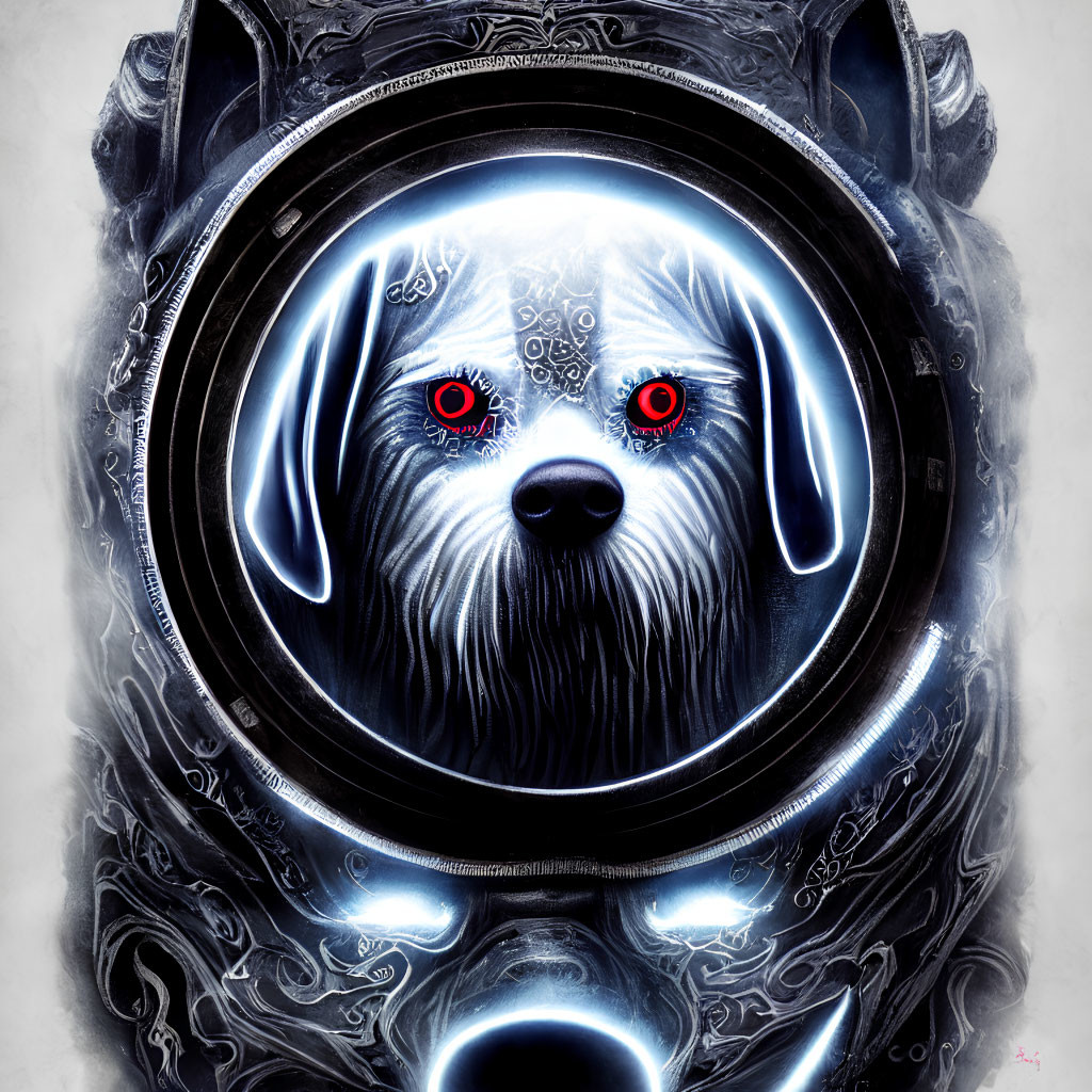 Futuristic armor surrounds intense-eyed dog and wolf-like creature