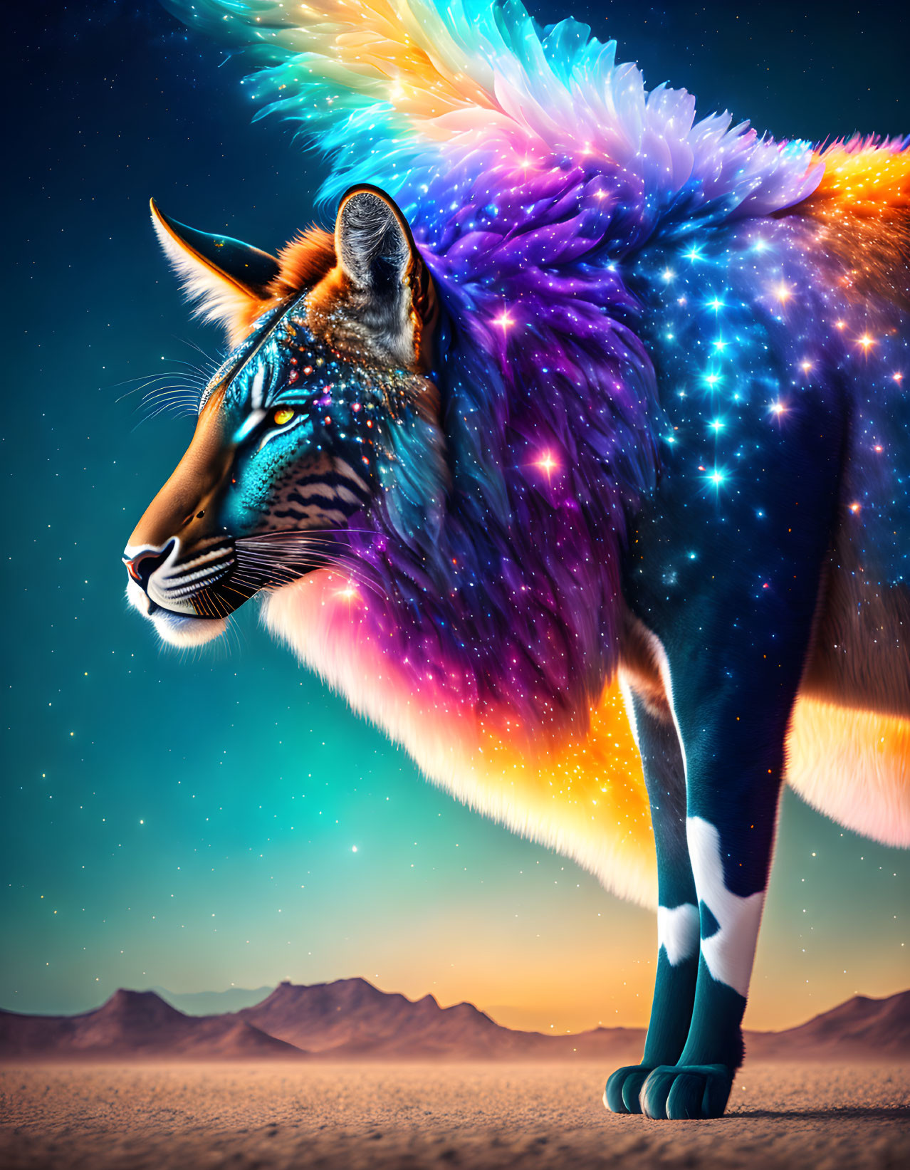 Surreal lion illustration with galaxy-themed mane on starry night sky and desert.