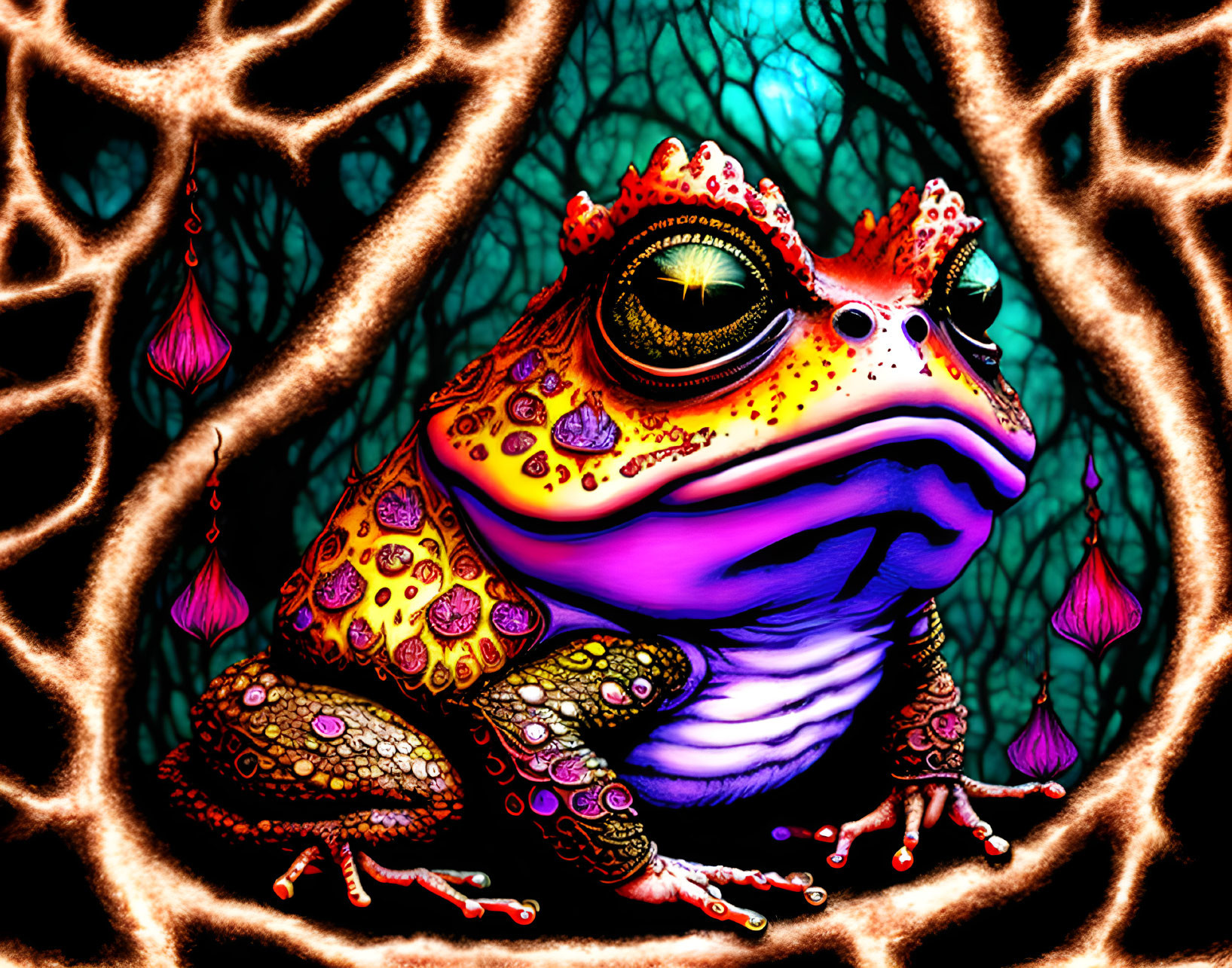 Colorful Frog Illustration with Intricate Patterns on Dark Background