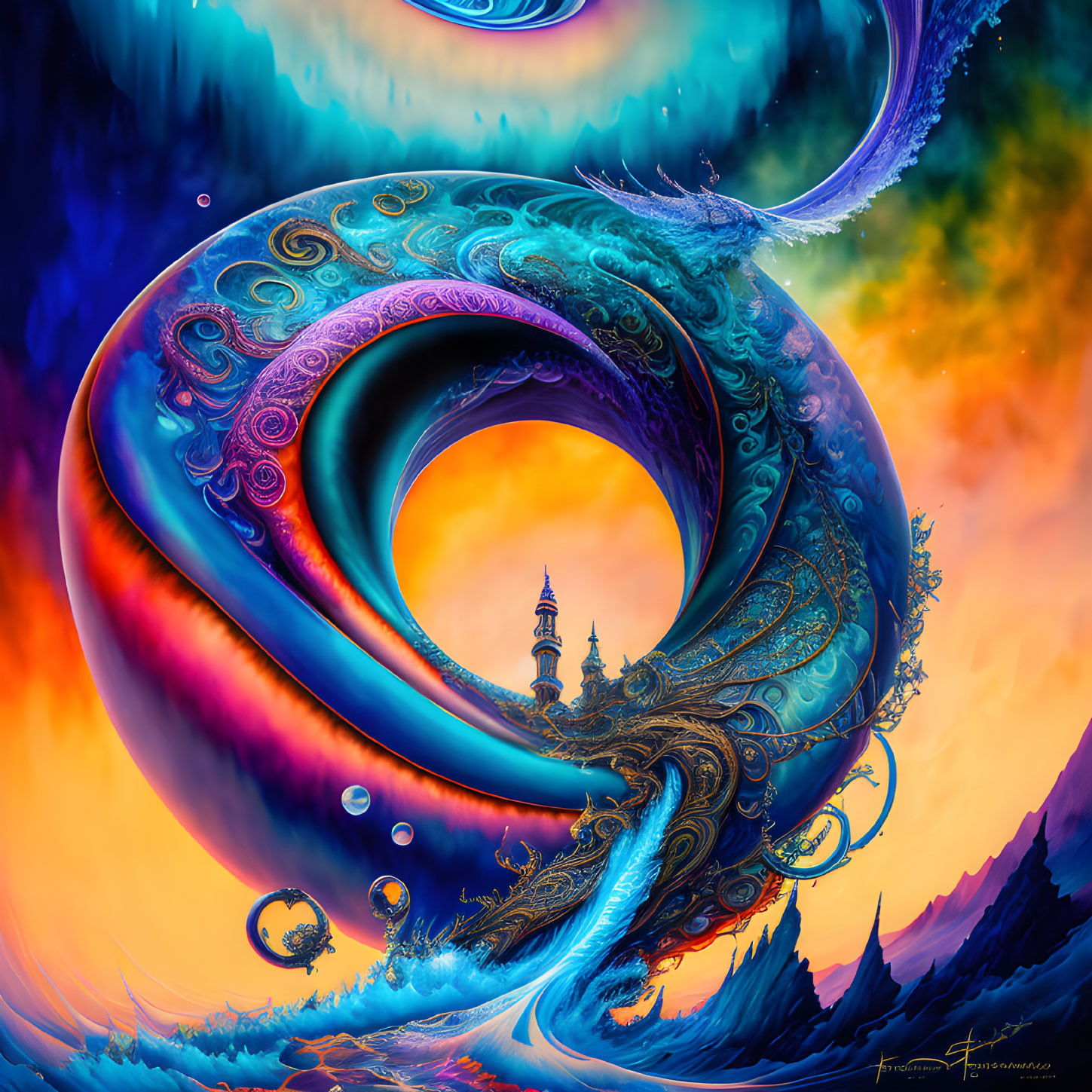 Colorful surreal spiral structure in vibrant digital artwork