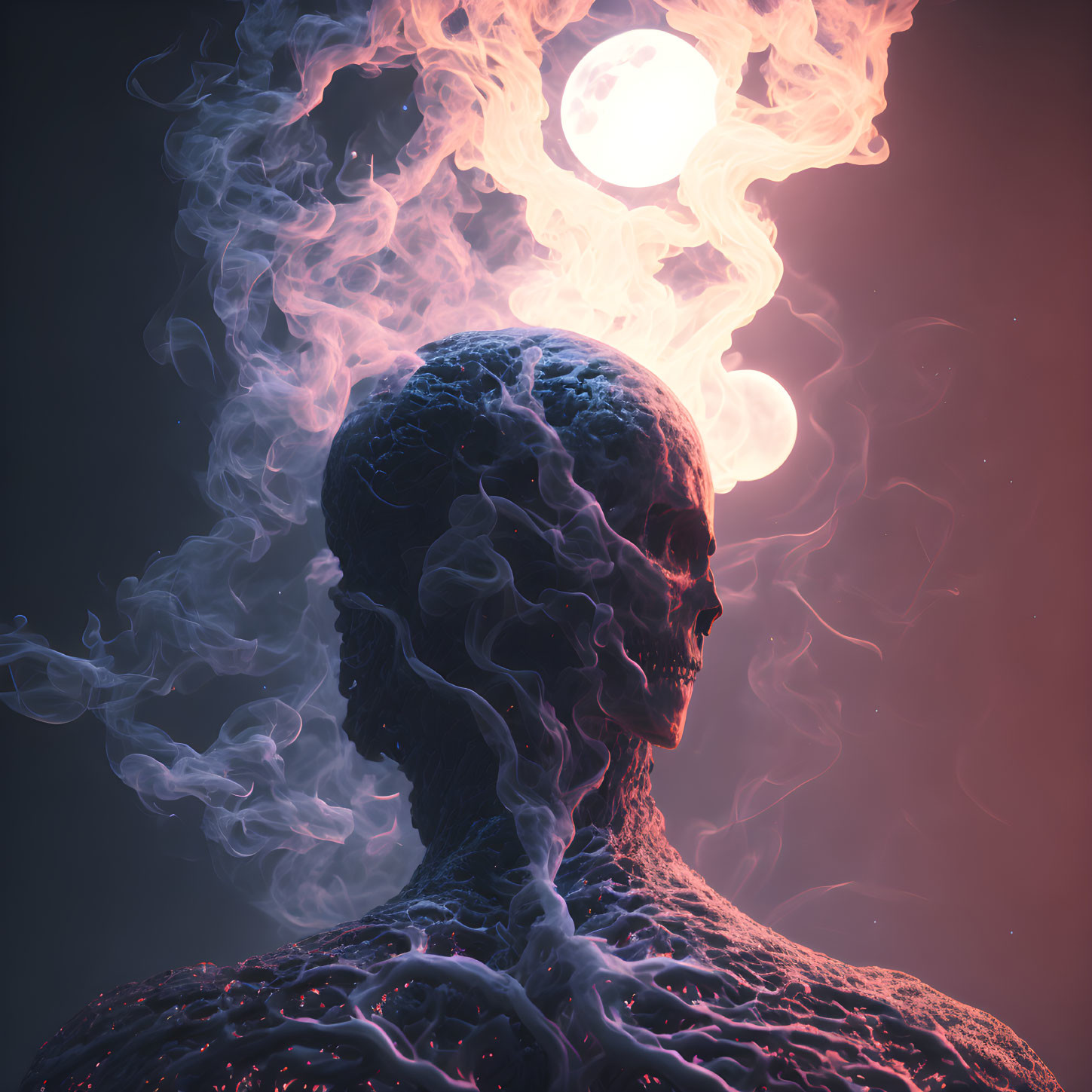 Surreal figure with smoky silhouette and glowing orbs