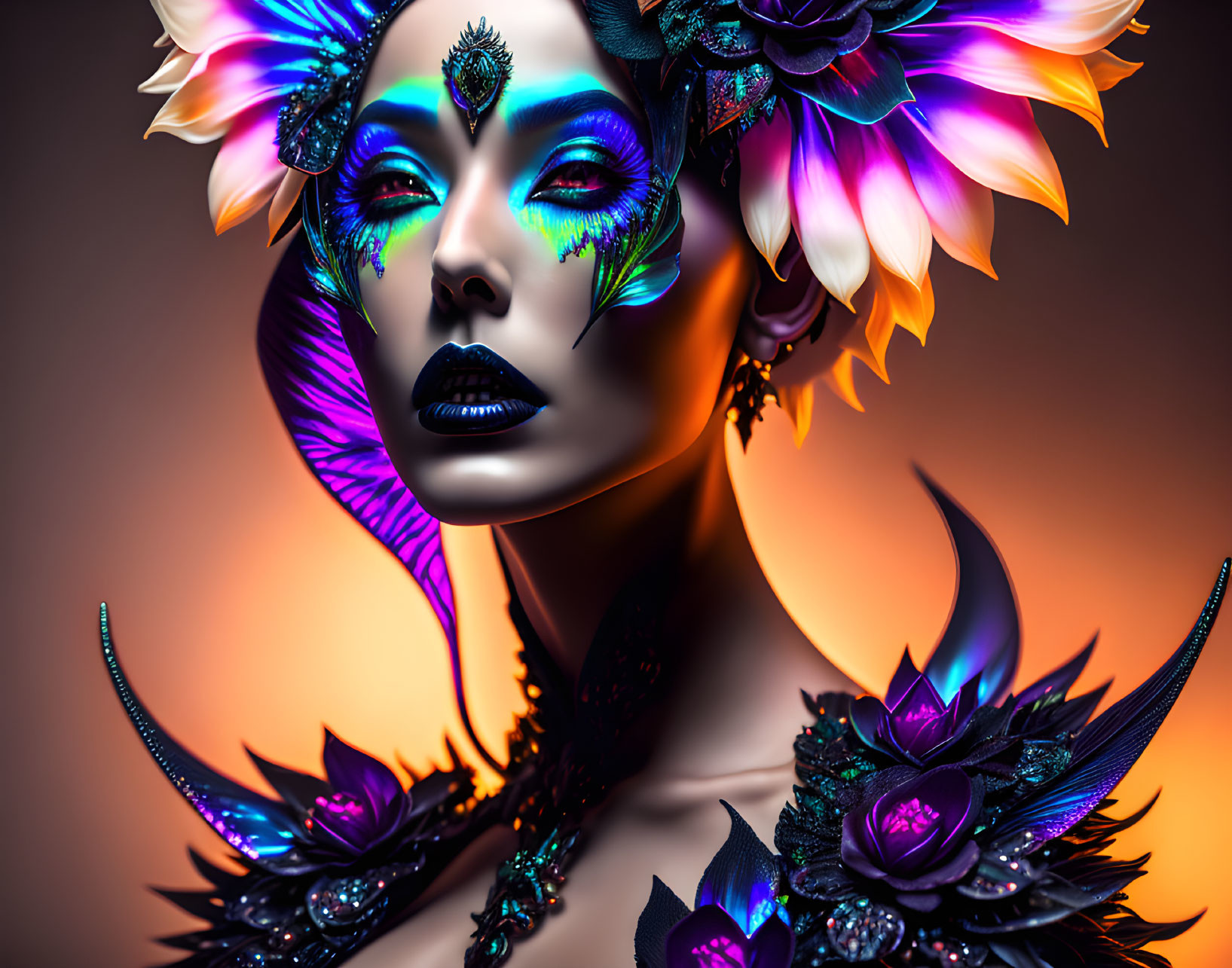 Colorful digital artwork of a woman with floral and feather adornments.