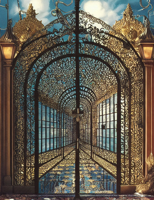 Intricate golden-accented wrought iron gate under bright sky