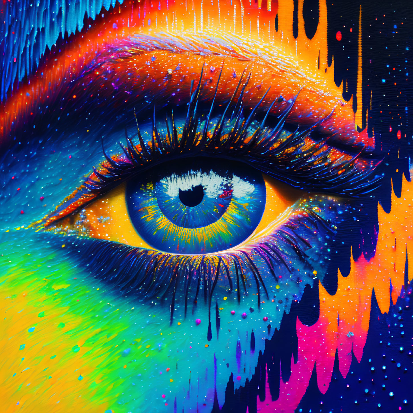 Colorful digital artwork: Human eye with exaggerated eyelashes in rainbow paint effect