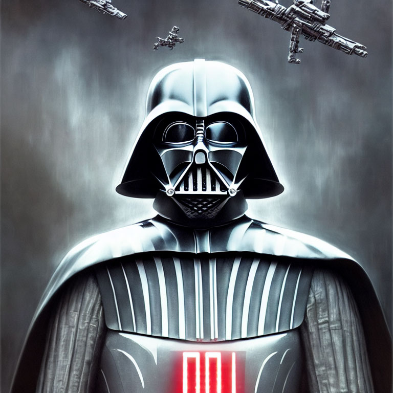 Sci-fi portrait: Darth Vader with starships in misty background