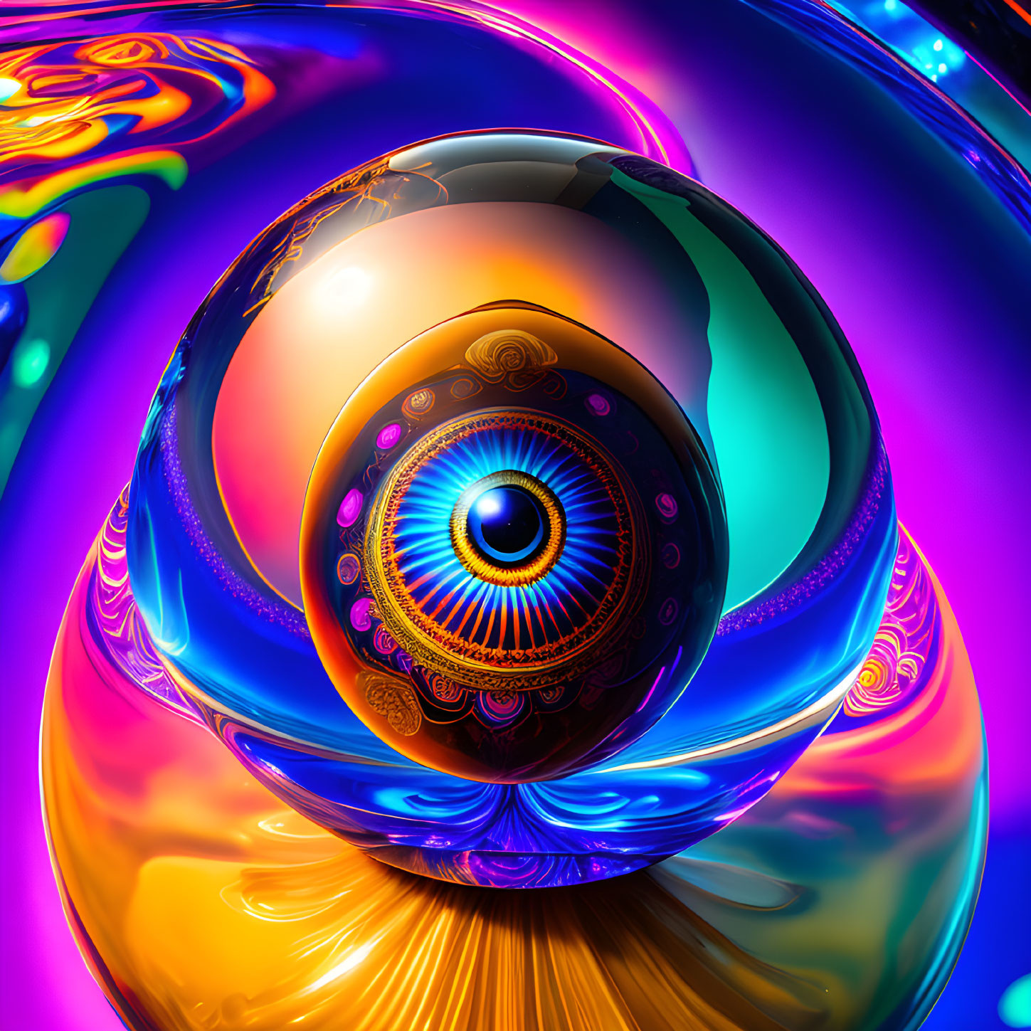 Colorful digital artwork: glossy orb with intricate eye-like patterns on iridescent background