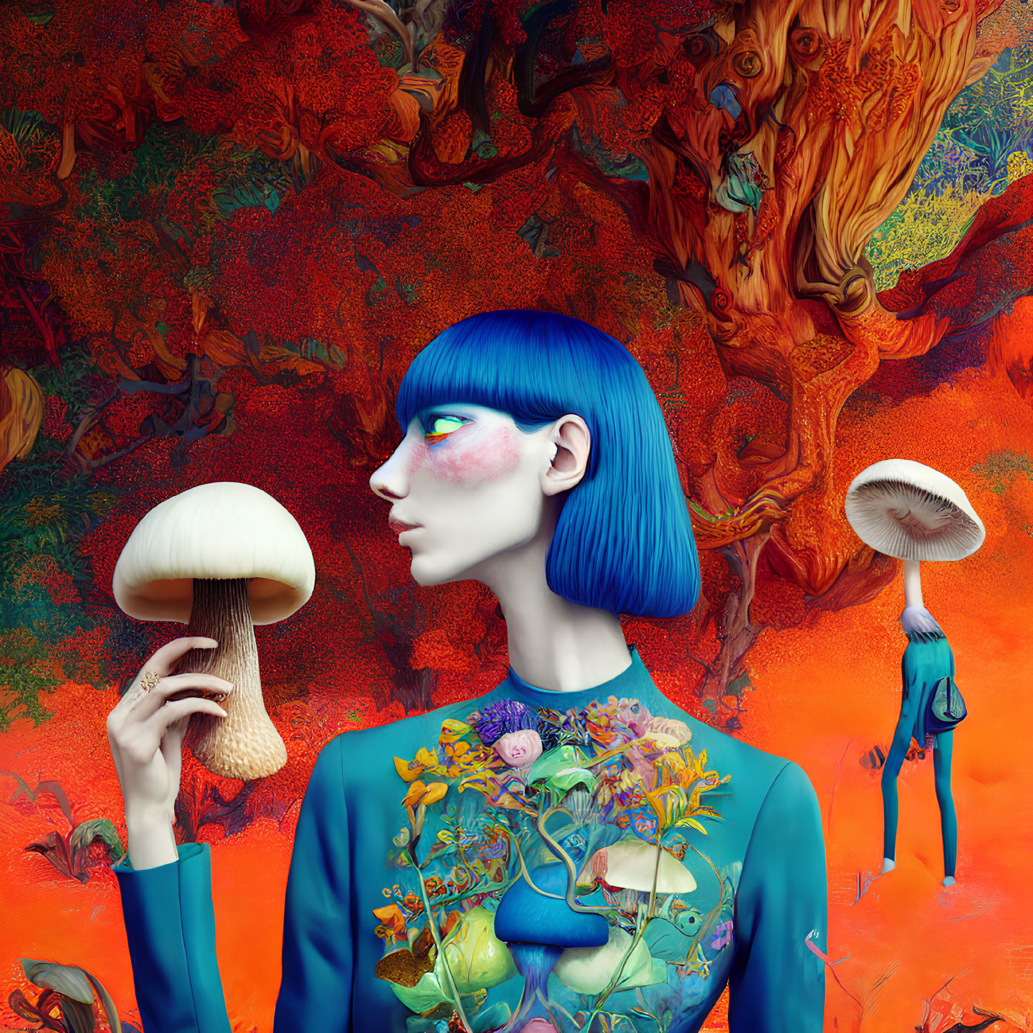 Colorful illustration: Blue-haired woman in fantastical forest with mushroom-headed figure