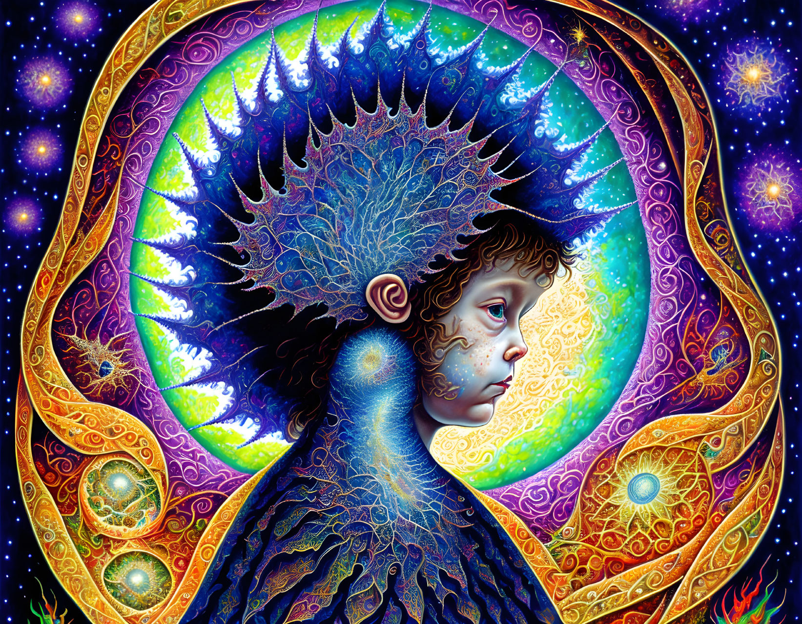 Child with Peacock Feather Crown in Psychedelic Cosmic Illustration