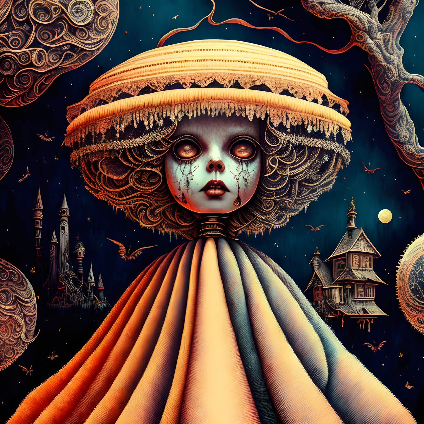 Surreal artwork: Figure with oversized headpiece in striped gown against fantastical backdrop