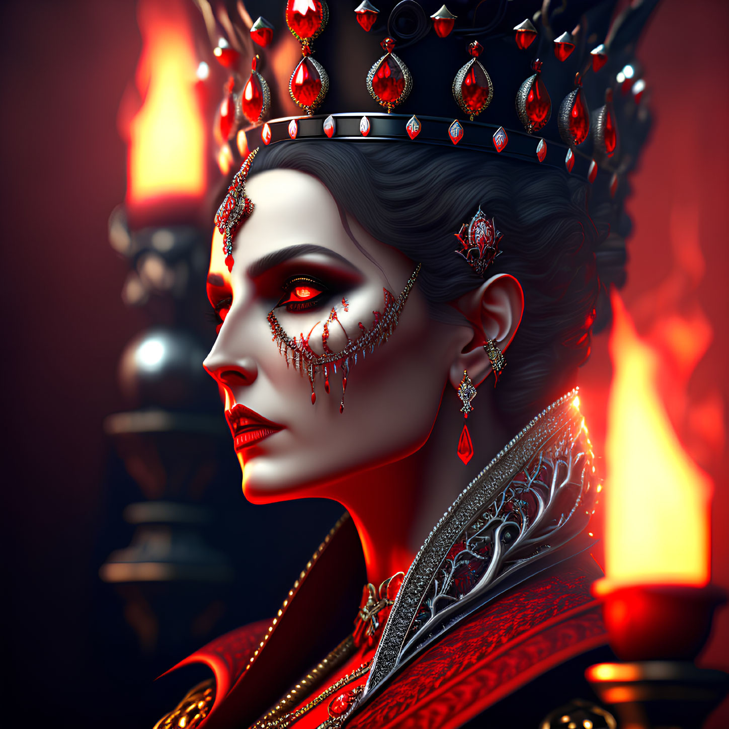 Regal woman with crown and red jewels in dignified pose