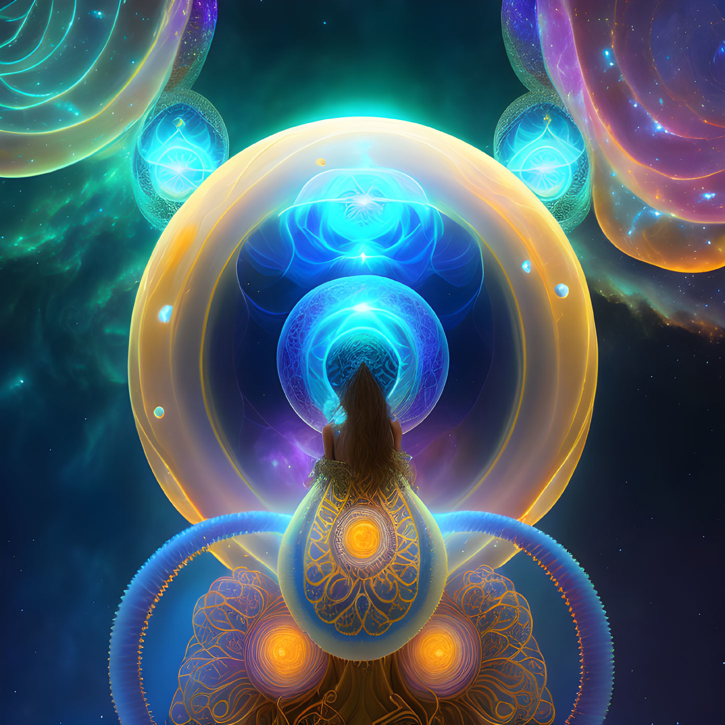 Person in mystical meditation with cosmic backdrop and celestial mandalas