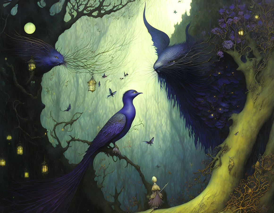 Giant peacocks in mystical forest with small figure and lantern.