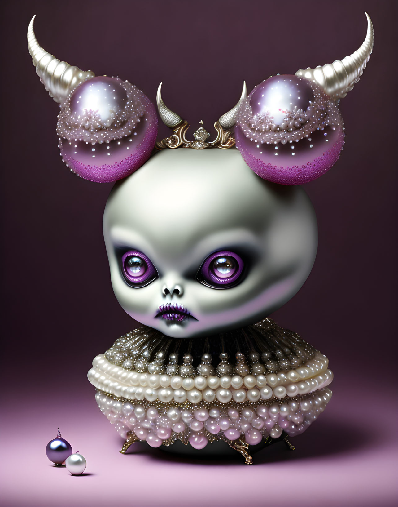 Illustration of creature with large head, purple eyes, horned orbs, pearl collar, and tiny