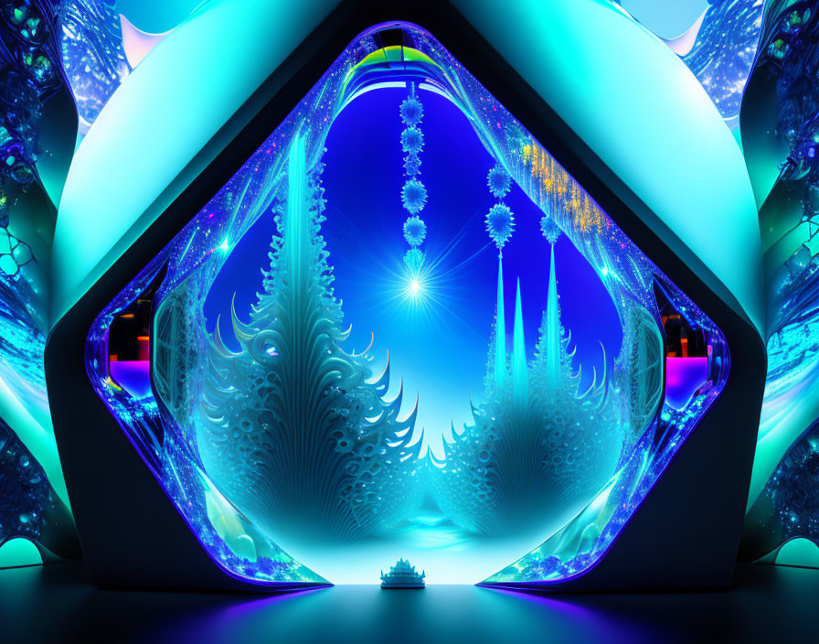 Symmetrical blue and teal fractal landscape with radiant light source