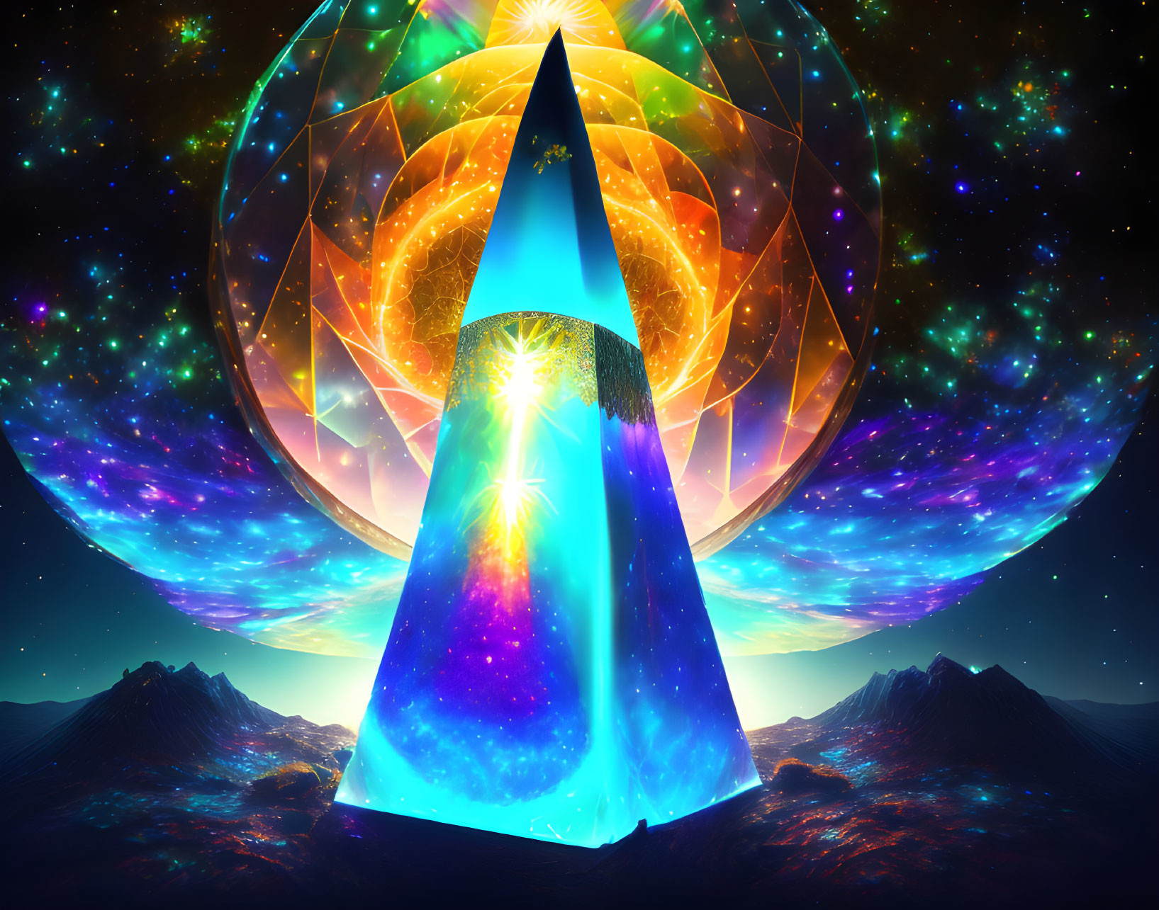 Vibrant Cosmic Digital Art: Glowing Pyramid & Celestial Surroundings