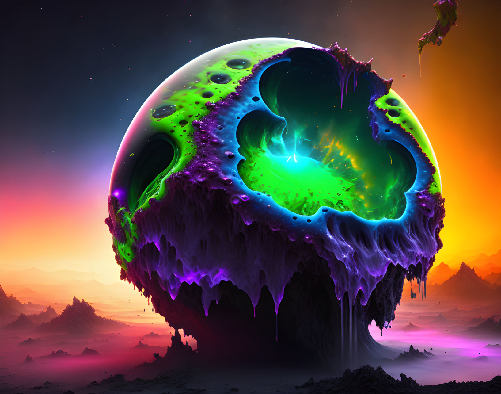 Colorful surreal landscape with floating apple core structure and neon colors.