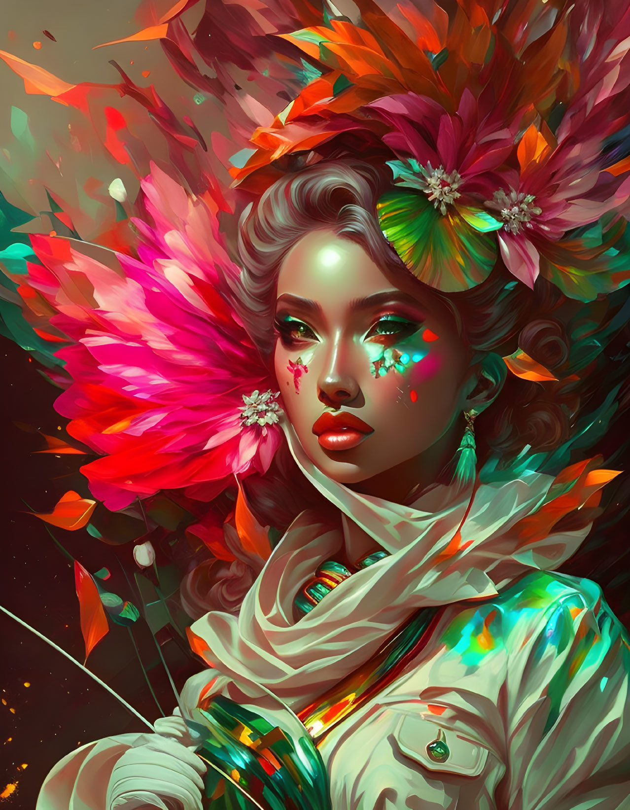 Colorful digital portrait of a woman with floral hair and cosmic background