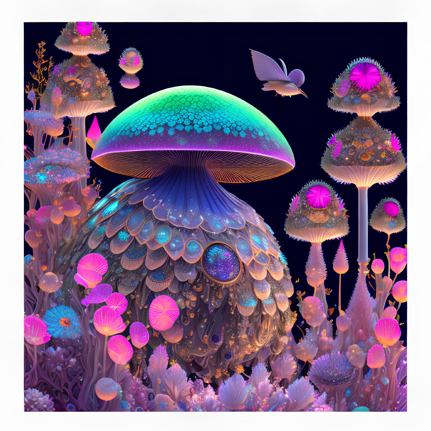 Colorful digital artwork of a fantastical mushroom in a neon-lit setting