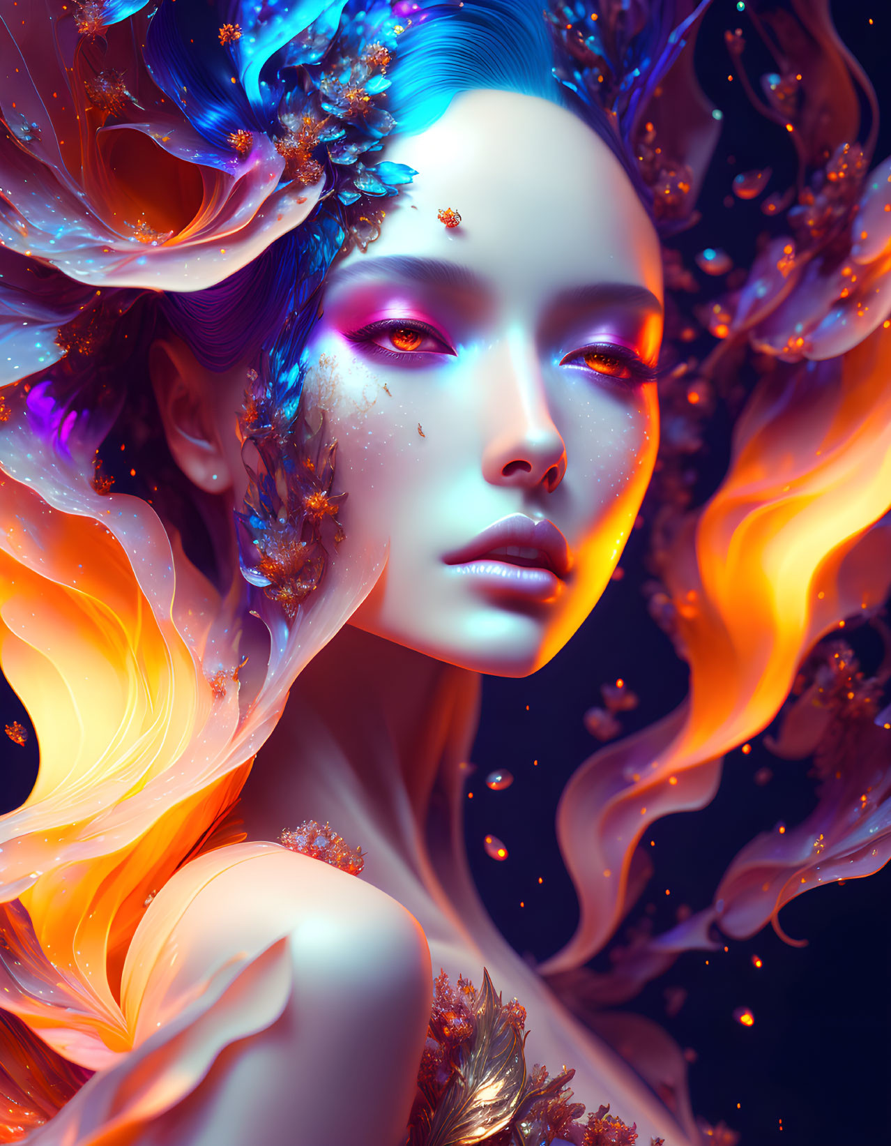 Vivid digital artwork: Woman with luminescent complexion, fiery orange leaves, and blue floral accents