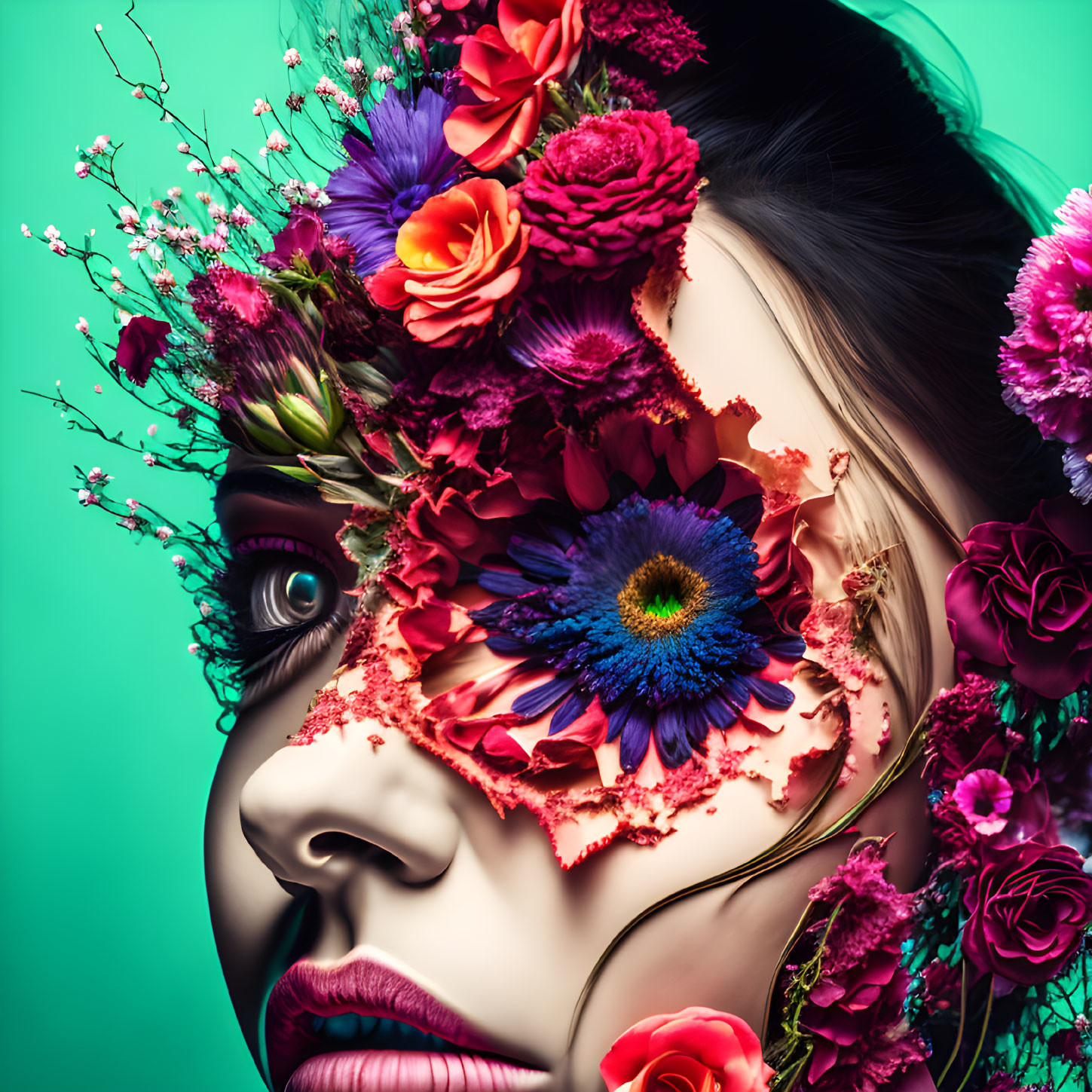 Close-up portrait of a woman's face merged with vibrant flowers on a green backdrop