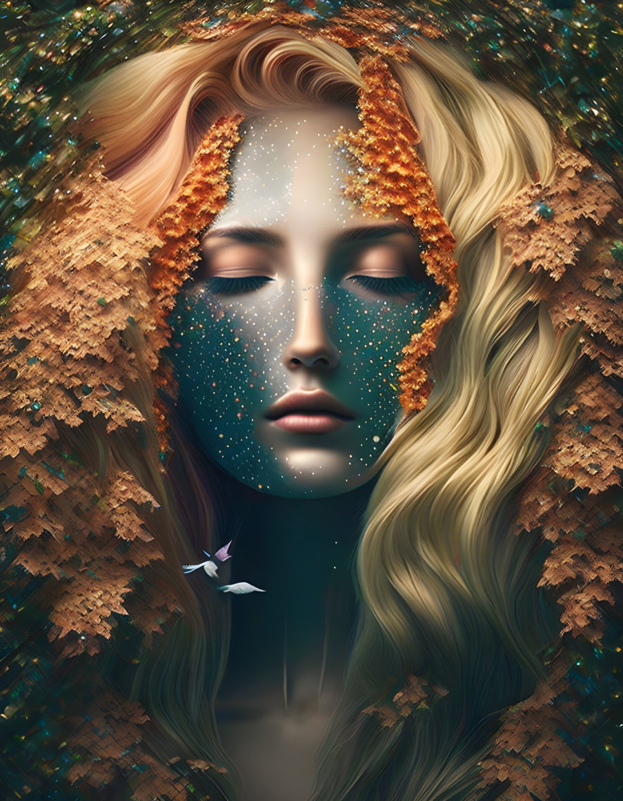 Digital artwork: Woman with closed eyes, adorned with autumn leaves and sparkling freckles, merging with