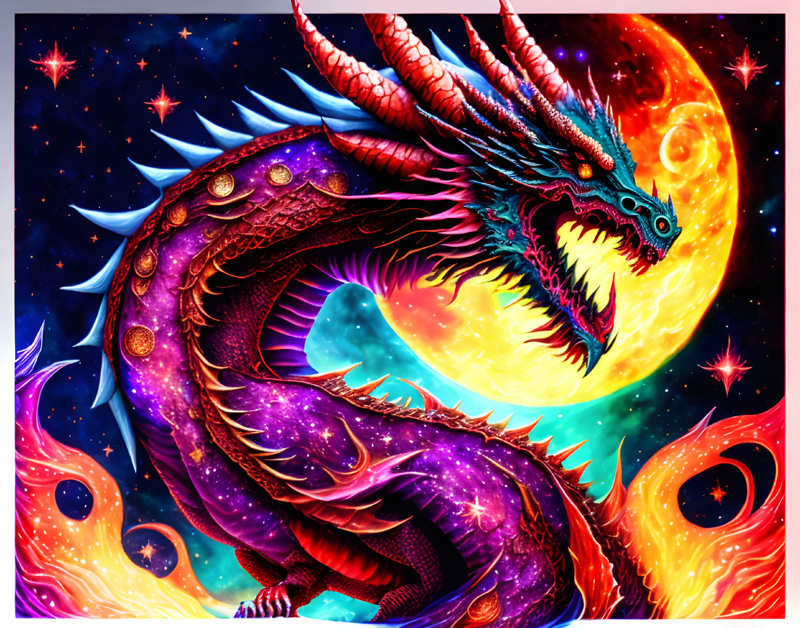 Majestic purple dragon in cosmic setting