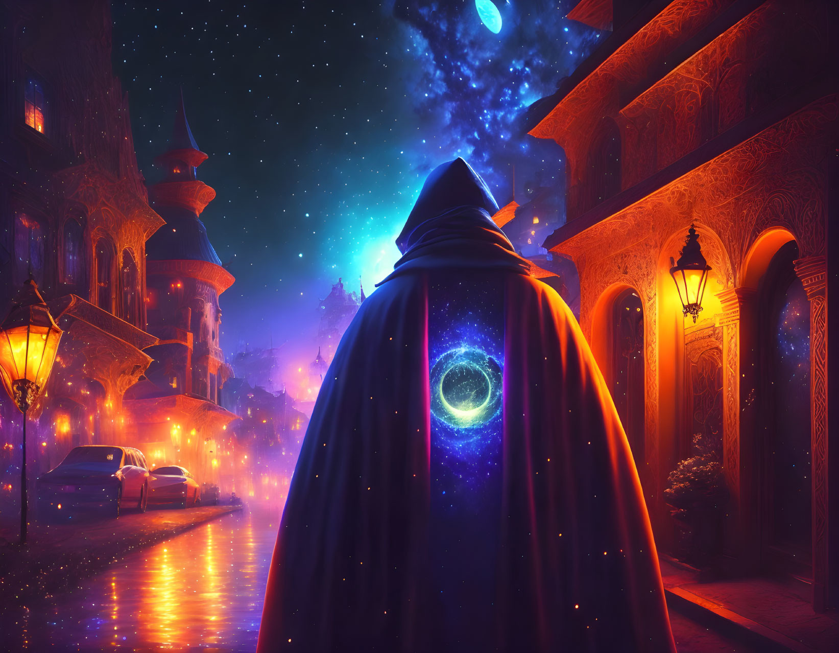 Mystical cloaked figure with glowing rune in lantern-lit street