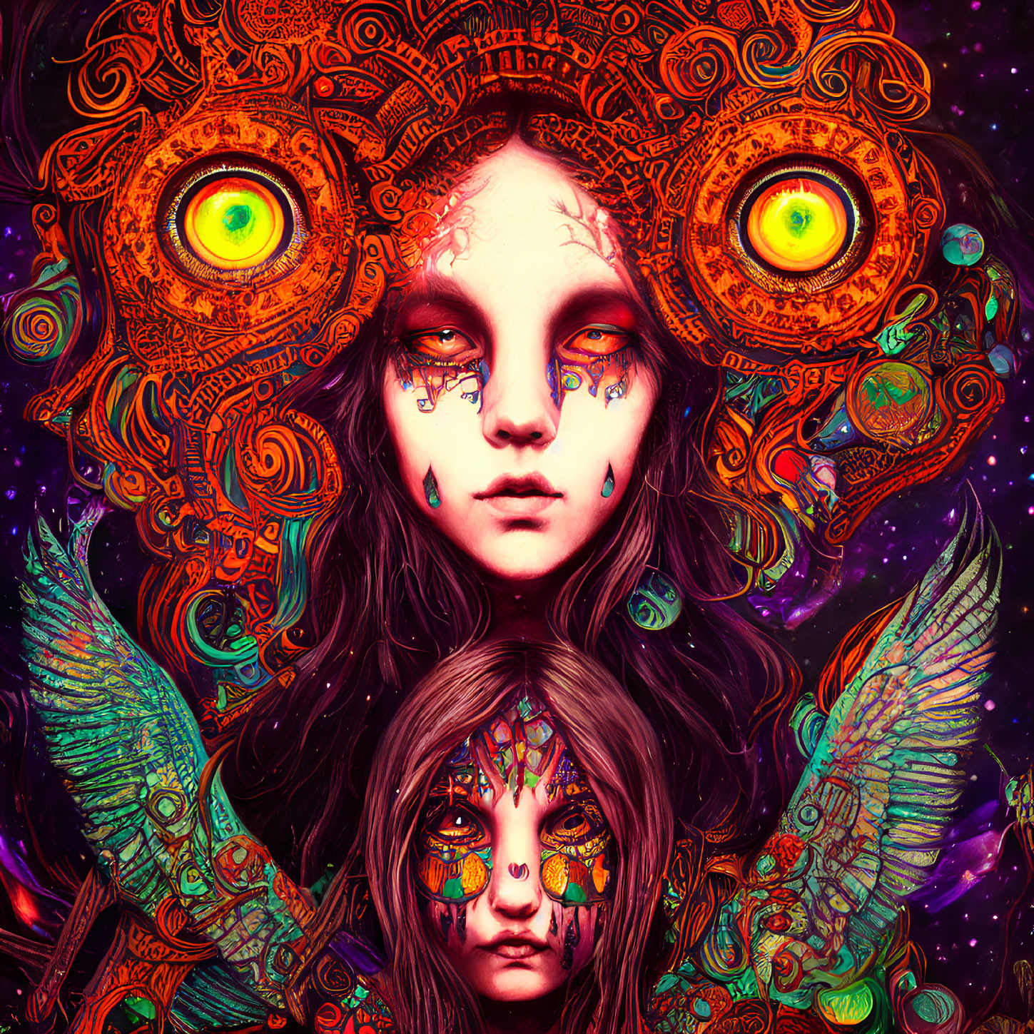 Colorful person illustration with owl eyes and psychedelic aura