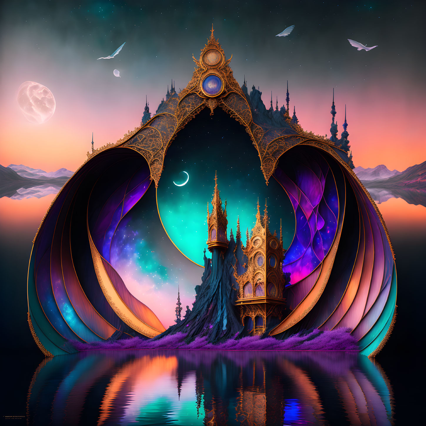 Surreal fantasy image of golden arched portal to magical realm