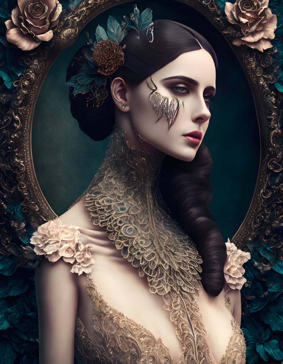 Portrait of woman with side braid, golden lace, floral accents, and leafy eye patch in