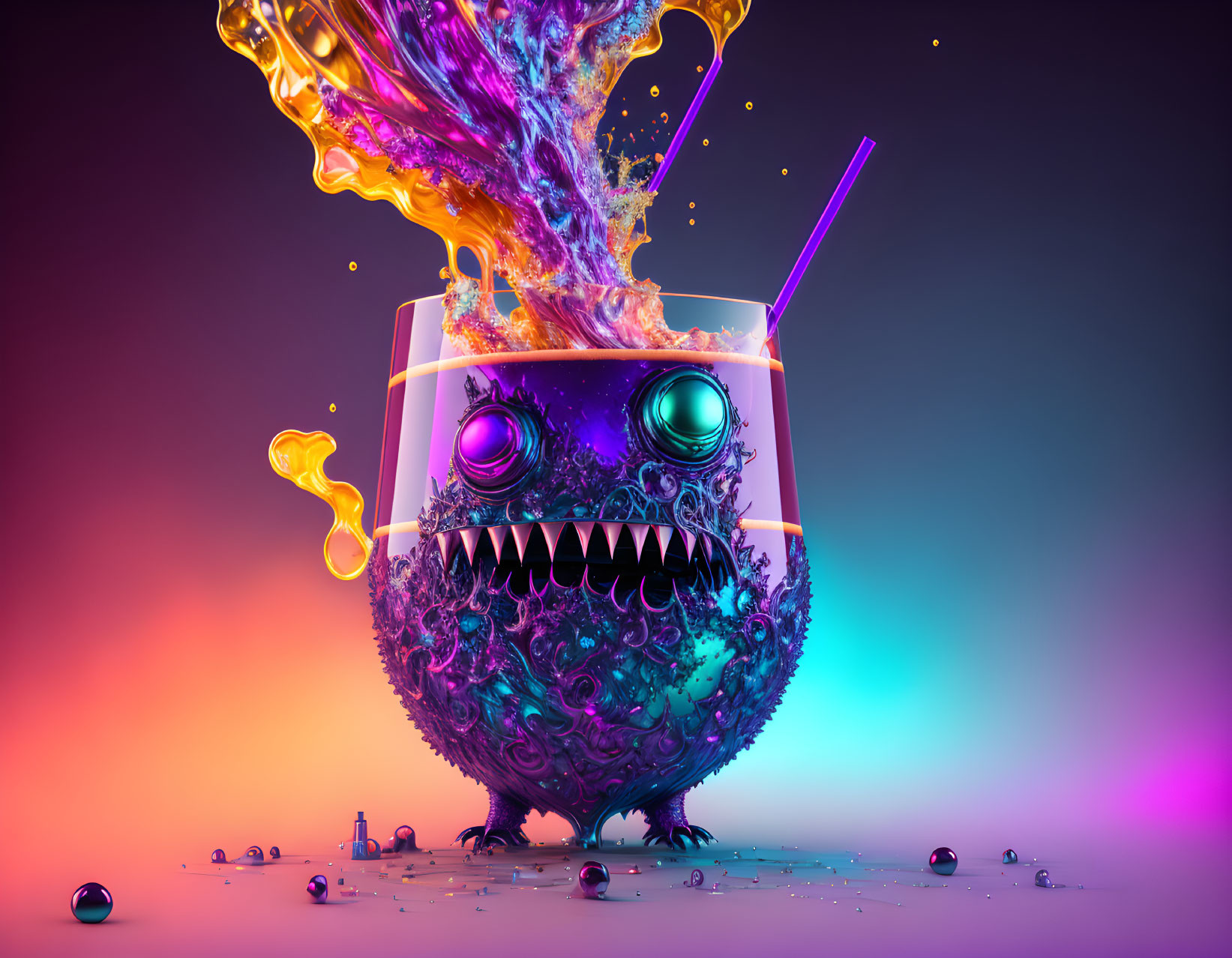 Colorful 3D Monster Cocktail Glass Illustration