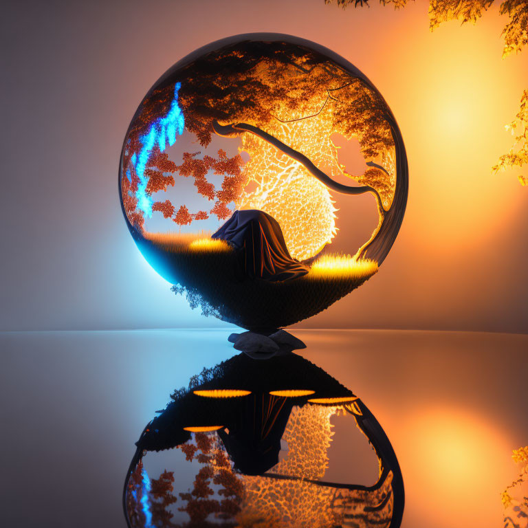 Vibrant autumn tree reflected in spherical crystal ball on orange gradient background