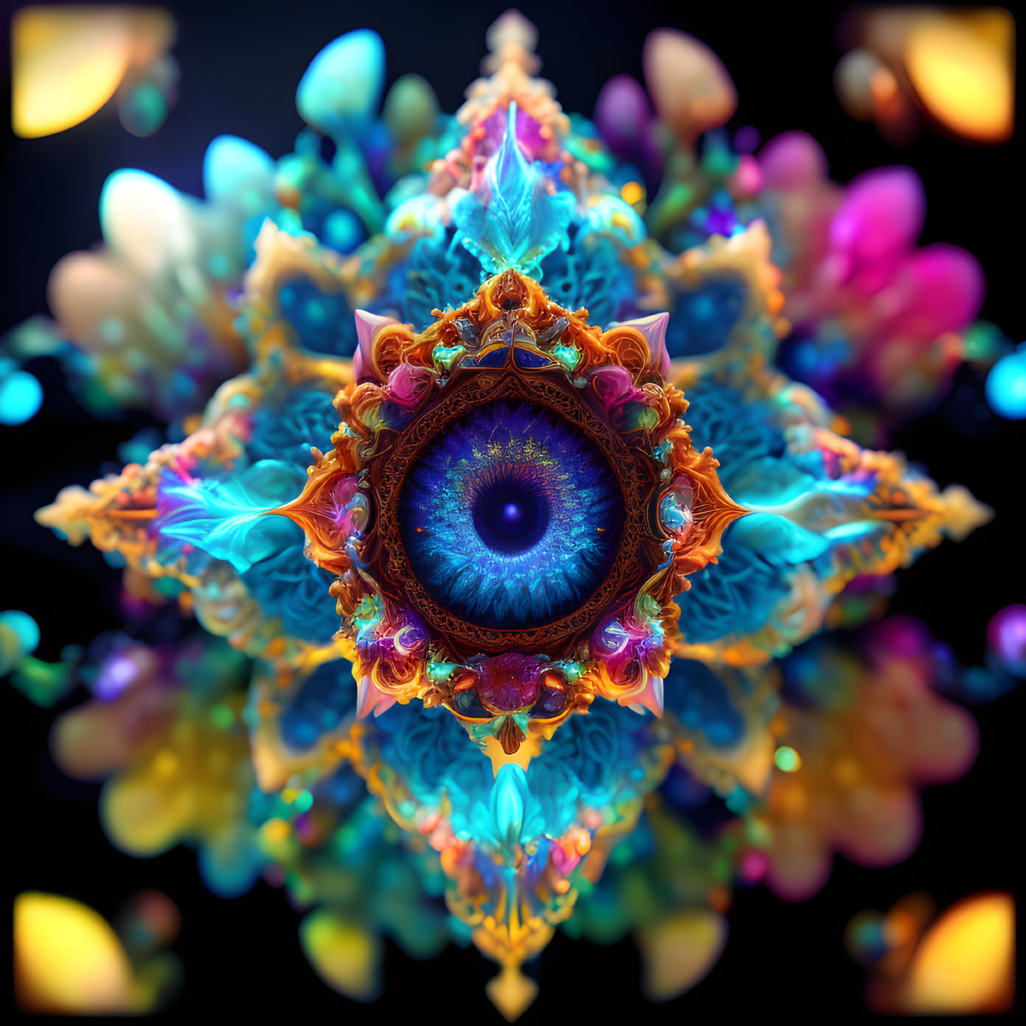 Colorful Fractal Artwork with Central Eye and Symmetrical Patterns