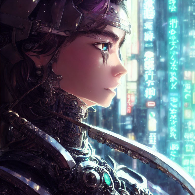 Futuristic armor portrait with neon script backdrop