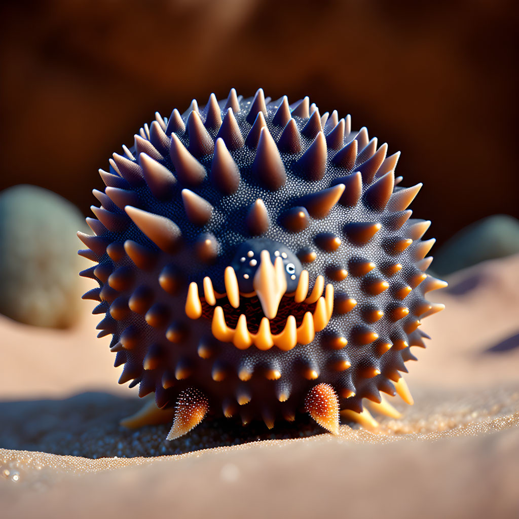 Spherical creature with spikes and large eyes on sandy terrain