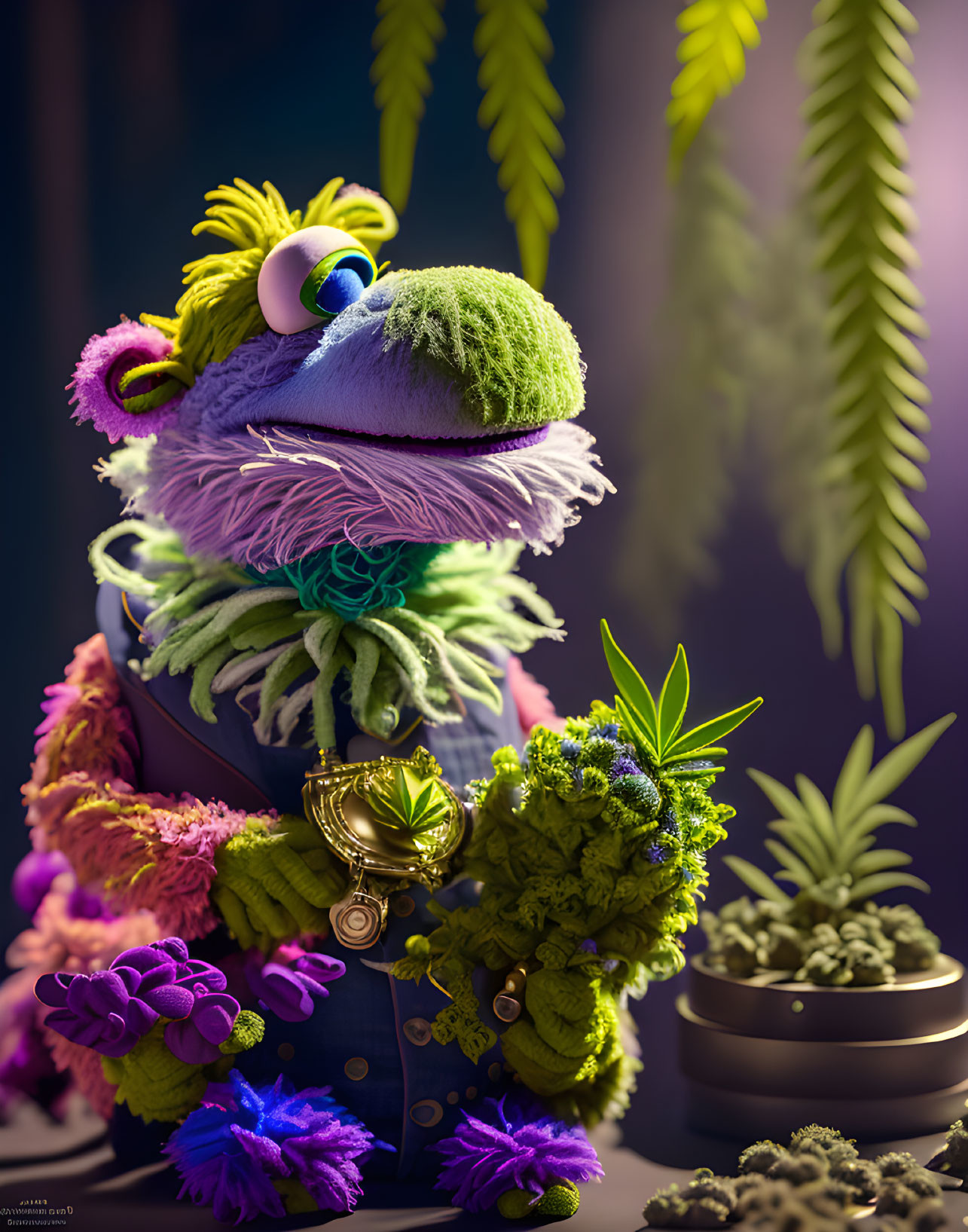 Colorful Textured Puppet with Large Googly Eyes Surrounded by Vibrant Green Plants