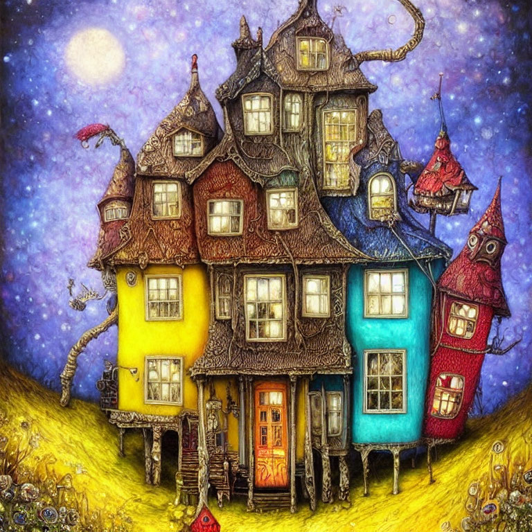 Colorful illustration of whimsical multi-level house under starry night sky