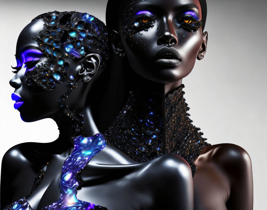 Artistic makeup with deep hues and gemstone embellishments on two women for a futuristic, high-fashion