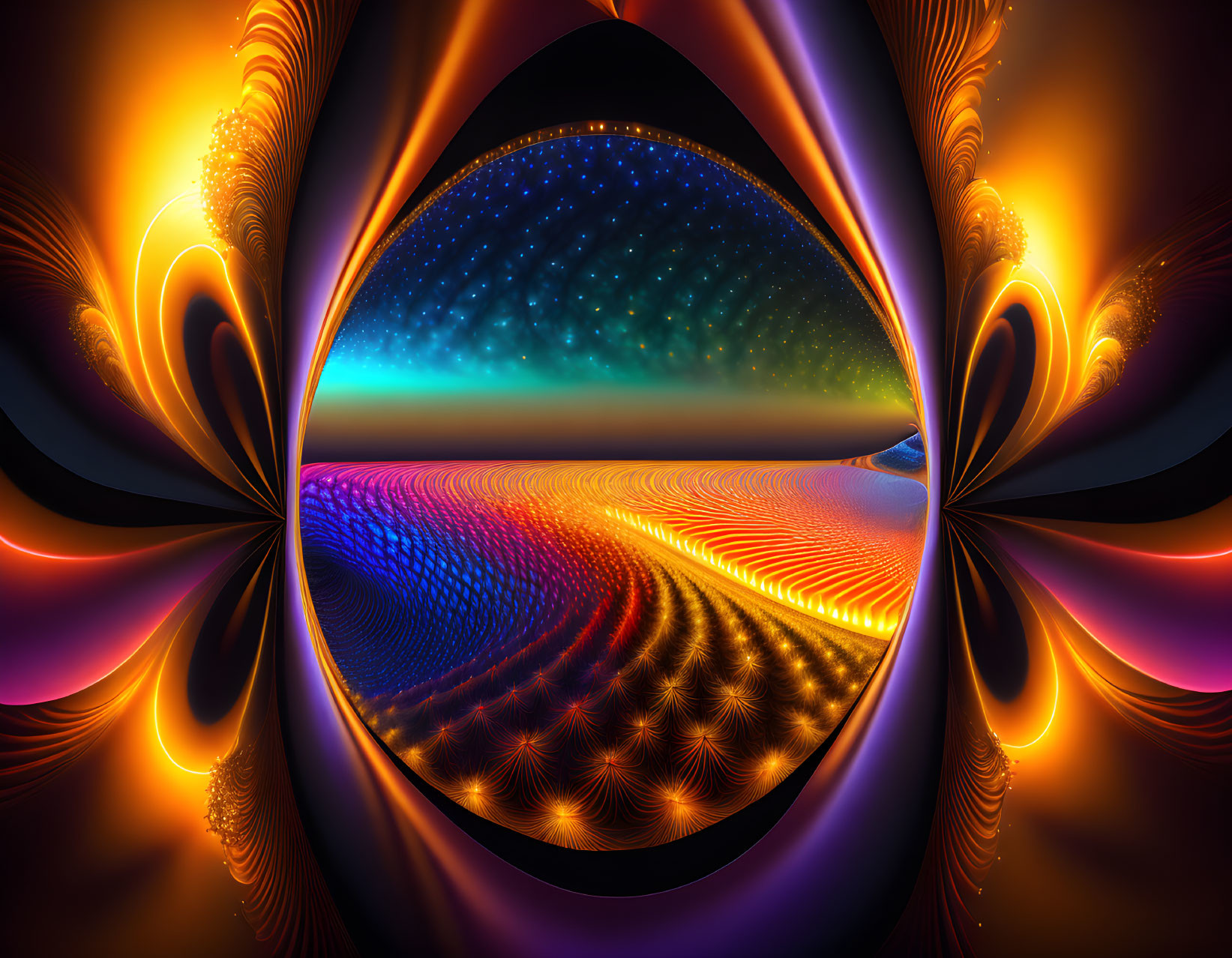 Abstract digital artwork: Circular portal with starry sky, textured landscape, ornate flame-like patterns