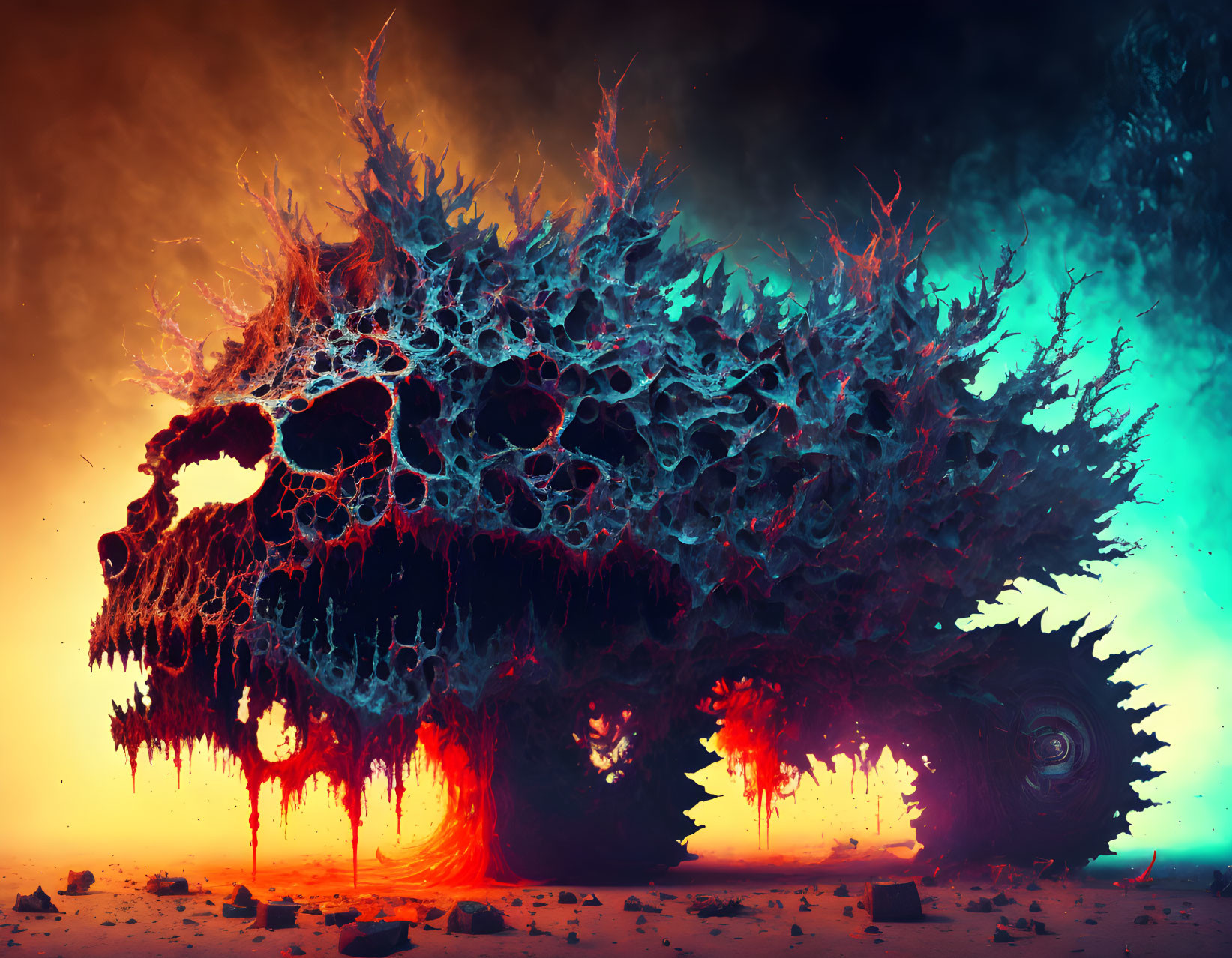 Surreal skull-shaped tree with neural network branches on warm and cool background