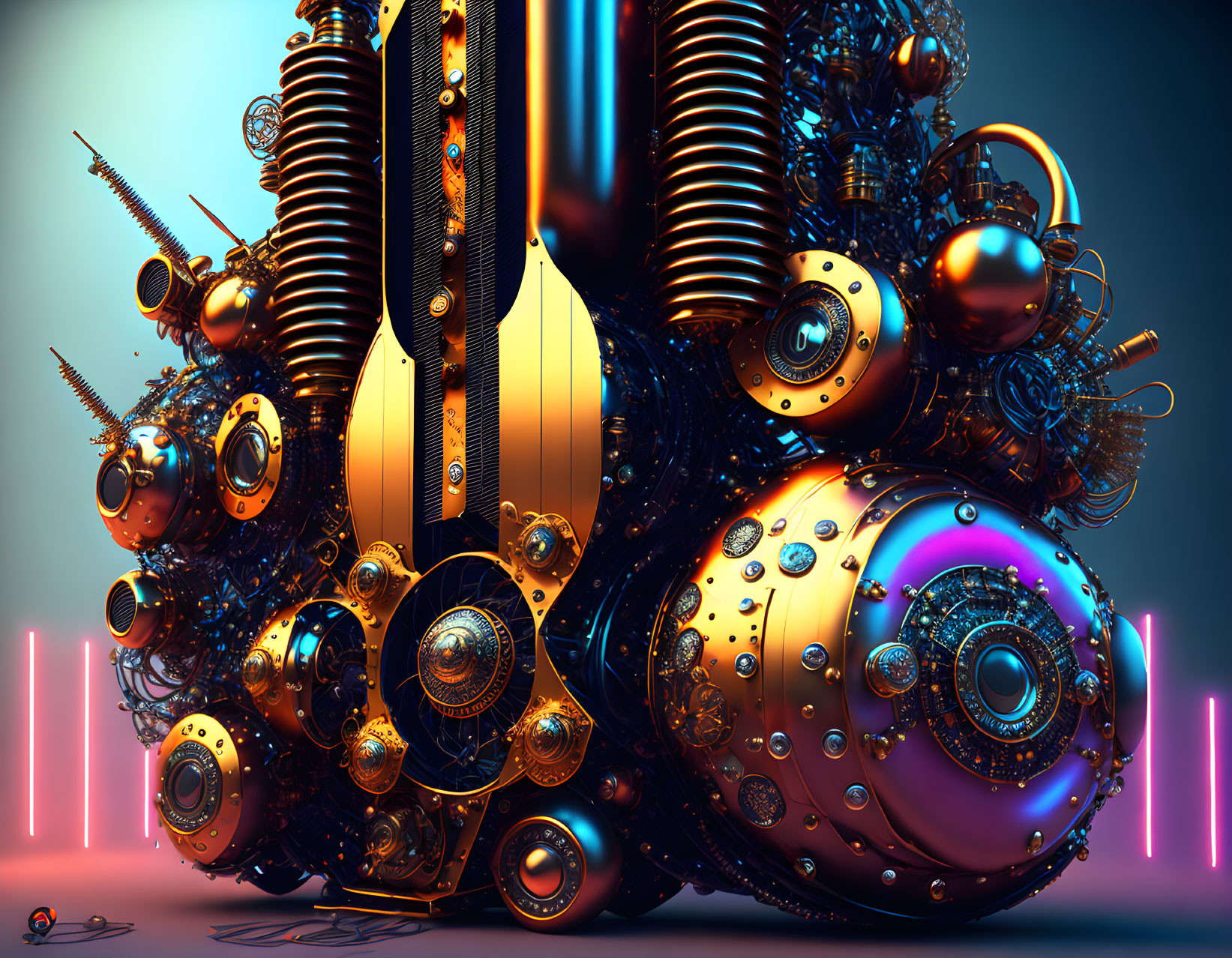 Detailed 3D illustration of futuristic machinery with metallic components, glowing elements, and polished finish on gradient