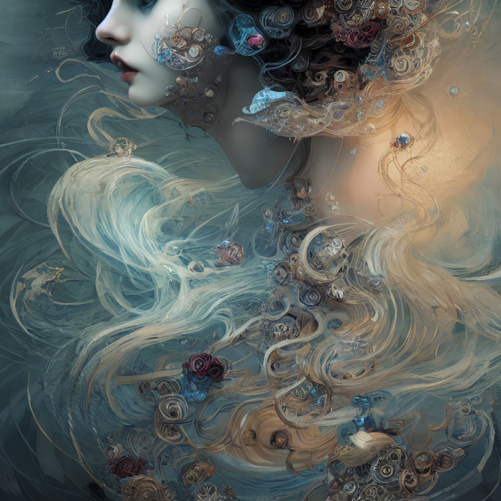 Surreal digital art: Woman with flowing hair and mechanical gears, flowers, clock parts in eth