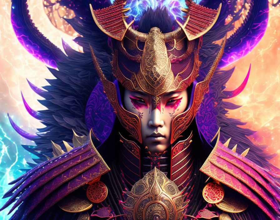 Digital artwork: Character in ornate armor with golden details and purple glowing eyes, set against feathered