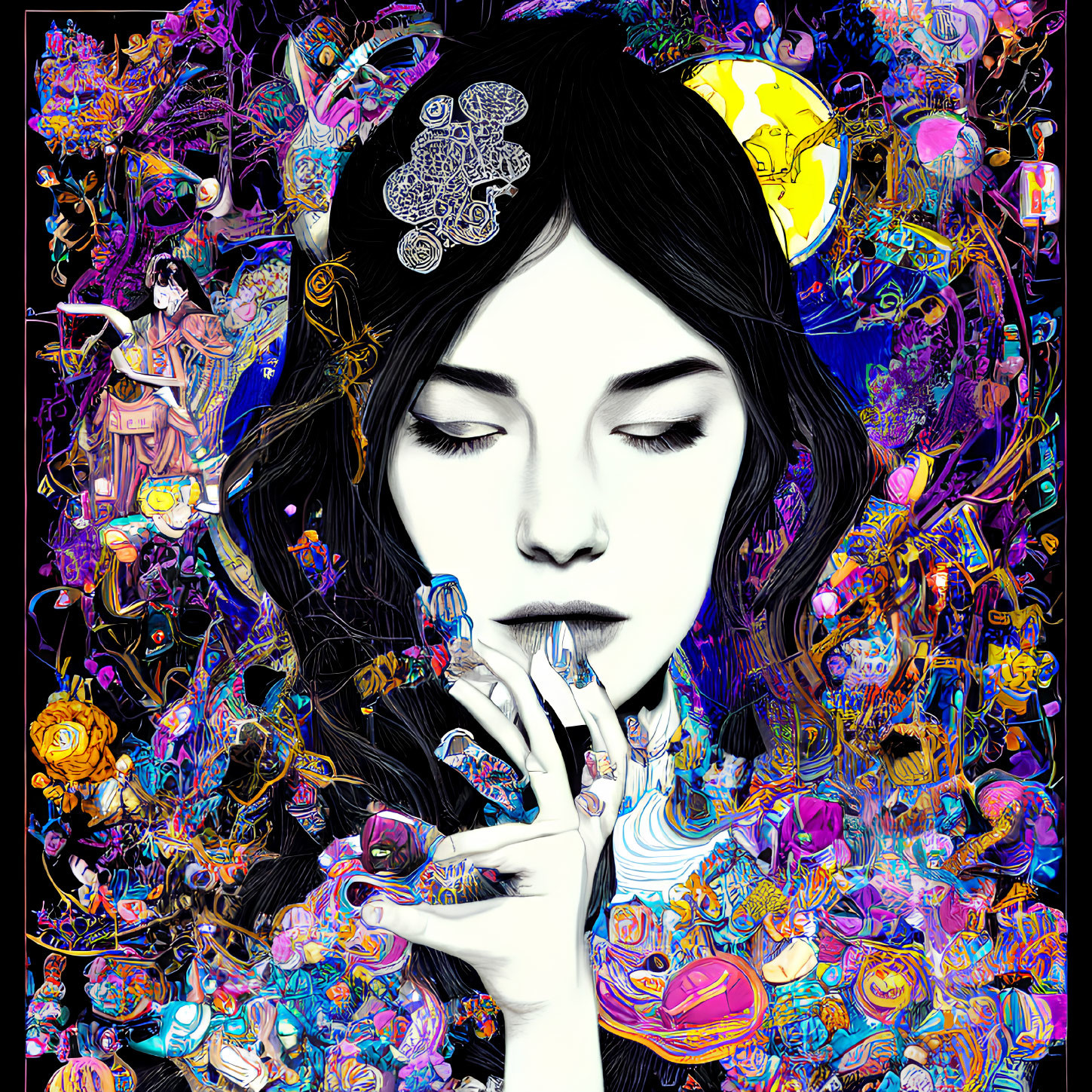 Colorful Psychedelic Artwork of Woman's Face Surrounded by Imaginative Patterns