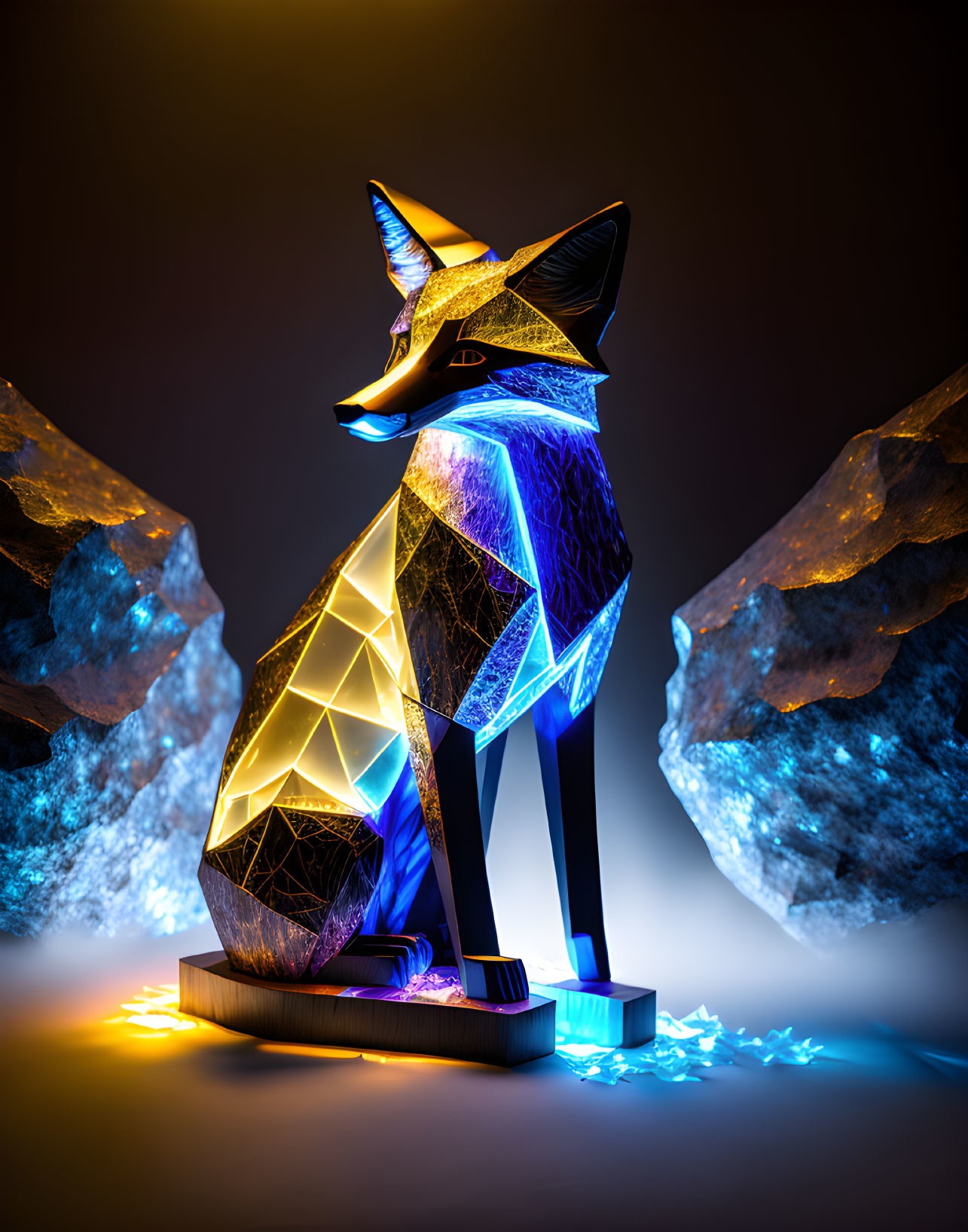 Geometric illuminated fox on floating rocks in digital art